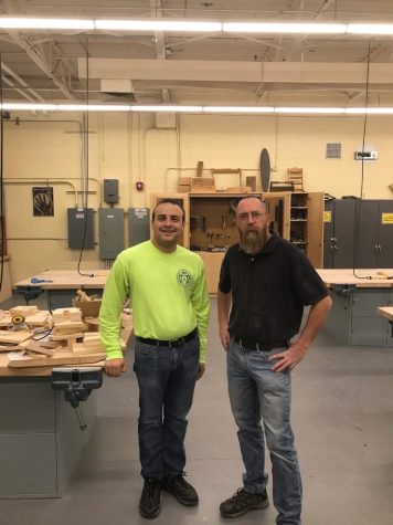 Photo of Mr. Caccavale (left) and Mr. Wood (right) in the Wood shop. Photo courtesy of Nick Morales.
