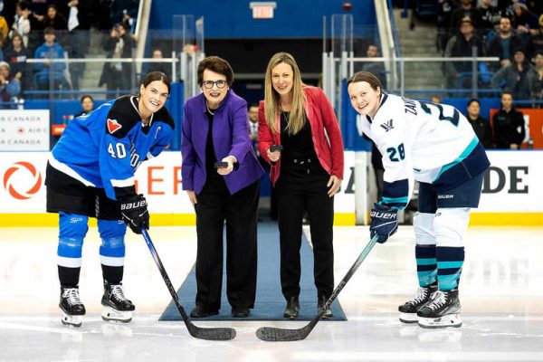 Puck drop at the first PWHL game ever on 1/1/24 between Team Toronto and Team New York.