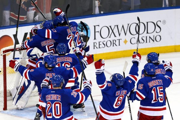 New York Rangers celebrating after a win.