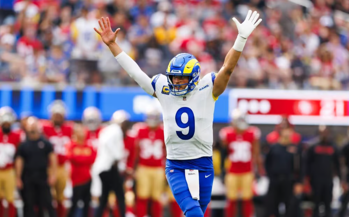 QB Matthew Stafford celebrates as Los Angeles Rams score a field goal with 2 seconds left in the game to beat the San Francisco 49ers.