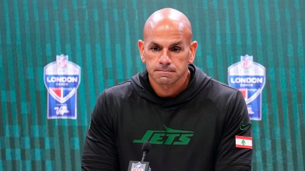 Robert Saleh speaking post-game after the 23-17 loss to the Minnesota Vikings in London.