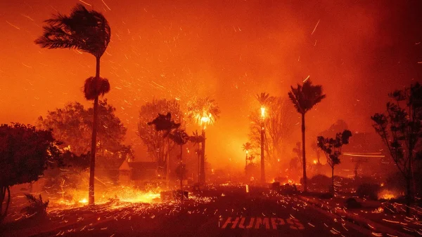 The Palisades Fire ravages a neighborhood amid high winds in the Pacific Palisades neighborhood of Los Angeles, Tuesday, January 7, 2025. 