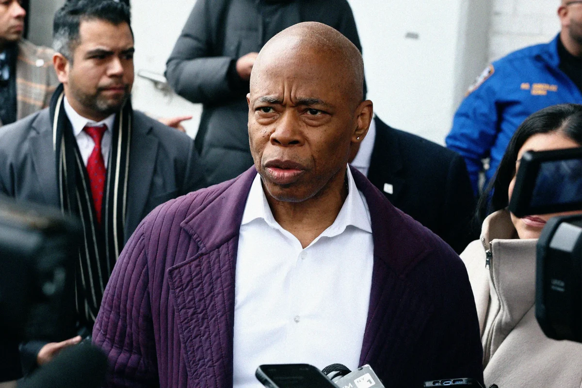 Mayor Eric Adams speaks with the press in Queens on February 12, 2025.